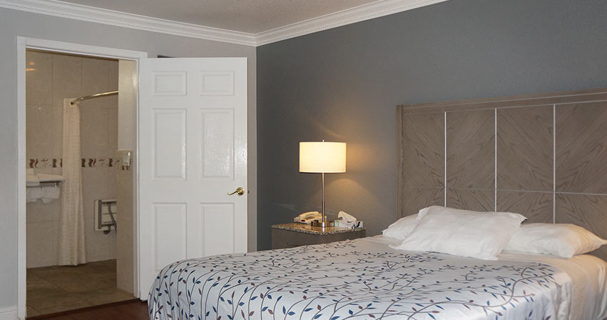 Showing our queen room with accessible shower. Not all queen rooms are ADA accessible. Please call ahead for ADA reservations.