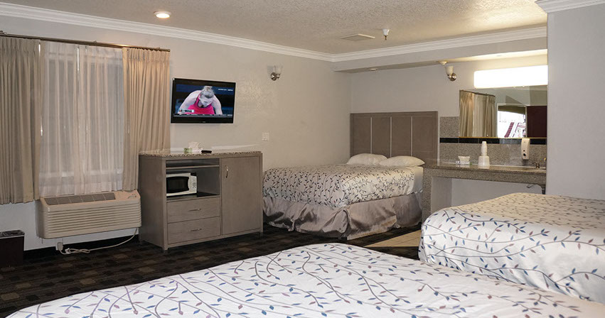 Photo showing spacious room, wall heat and air, microwave, flat screen tv and sink area.